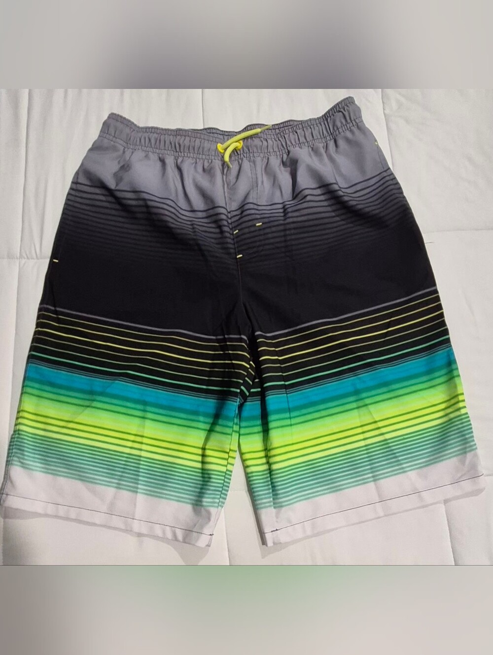 wonder nation Boys Gray Swim Shorts with Neon Green and Teal Stripes